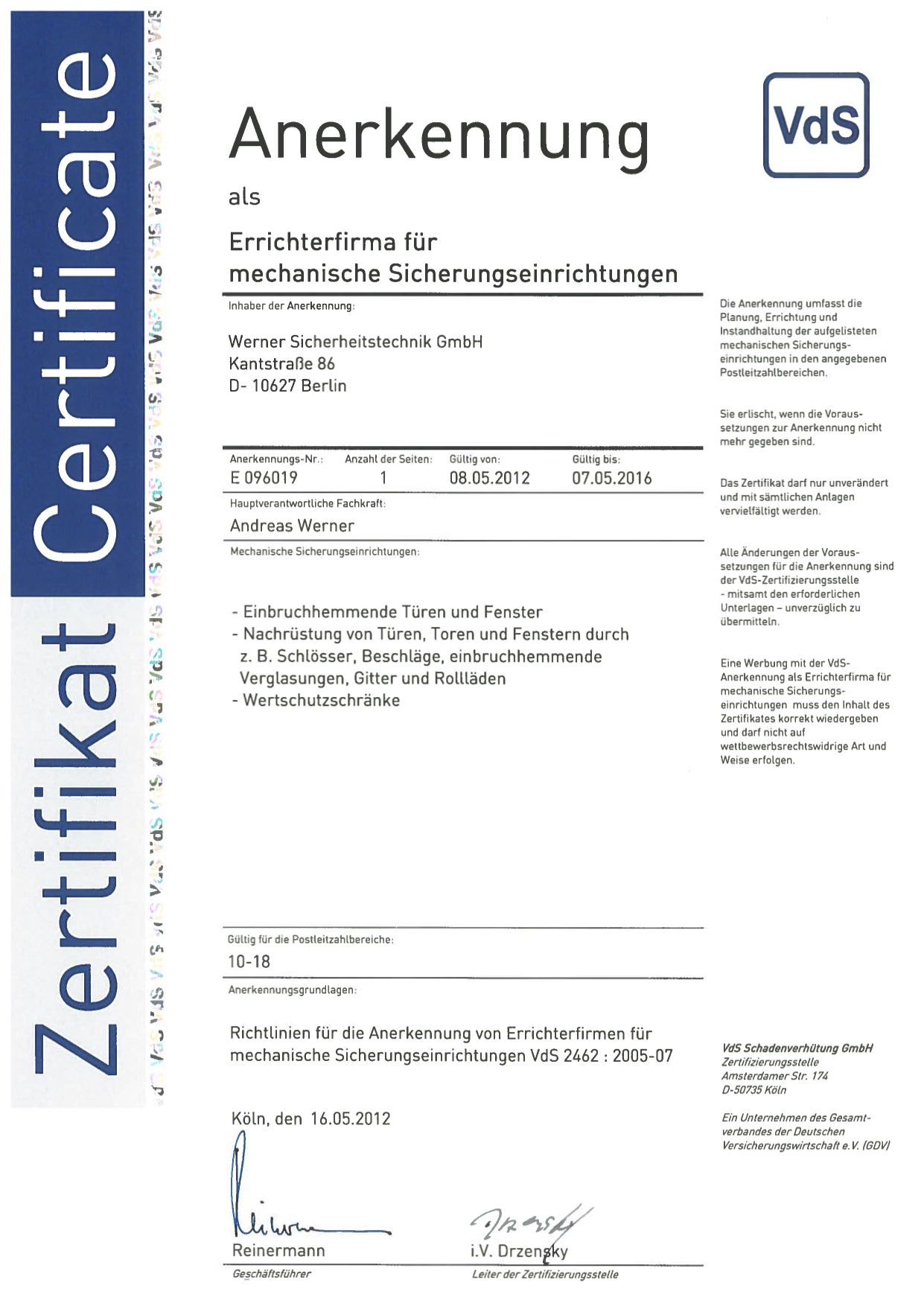 VdS Zertifikat für mechanische Sicherheitstechnik