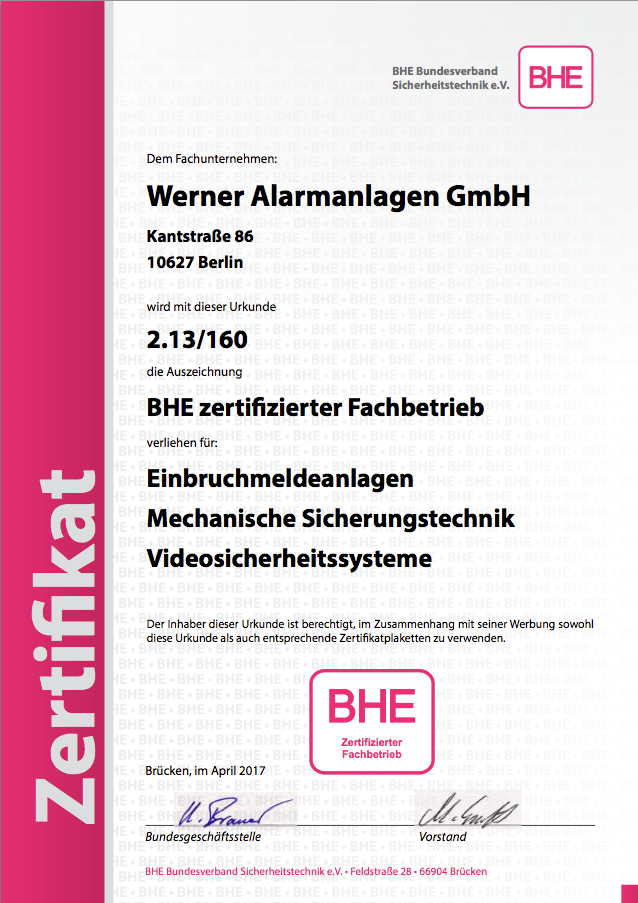 BHE Zertifikat - Werner Alarmanlagen GmbH