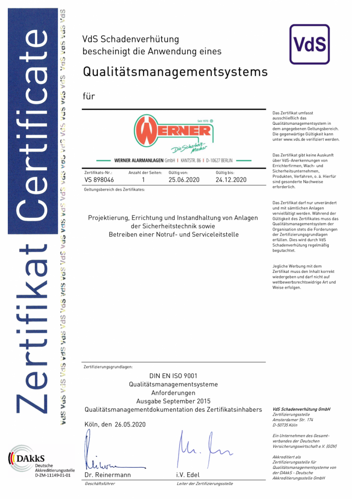 Vds zertifikat QM Werner Alarmanlagen GmbH