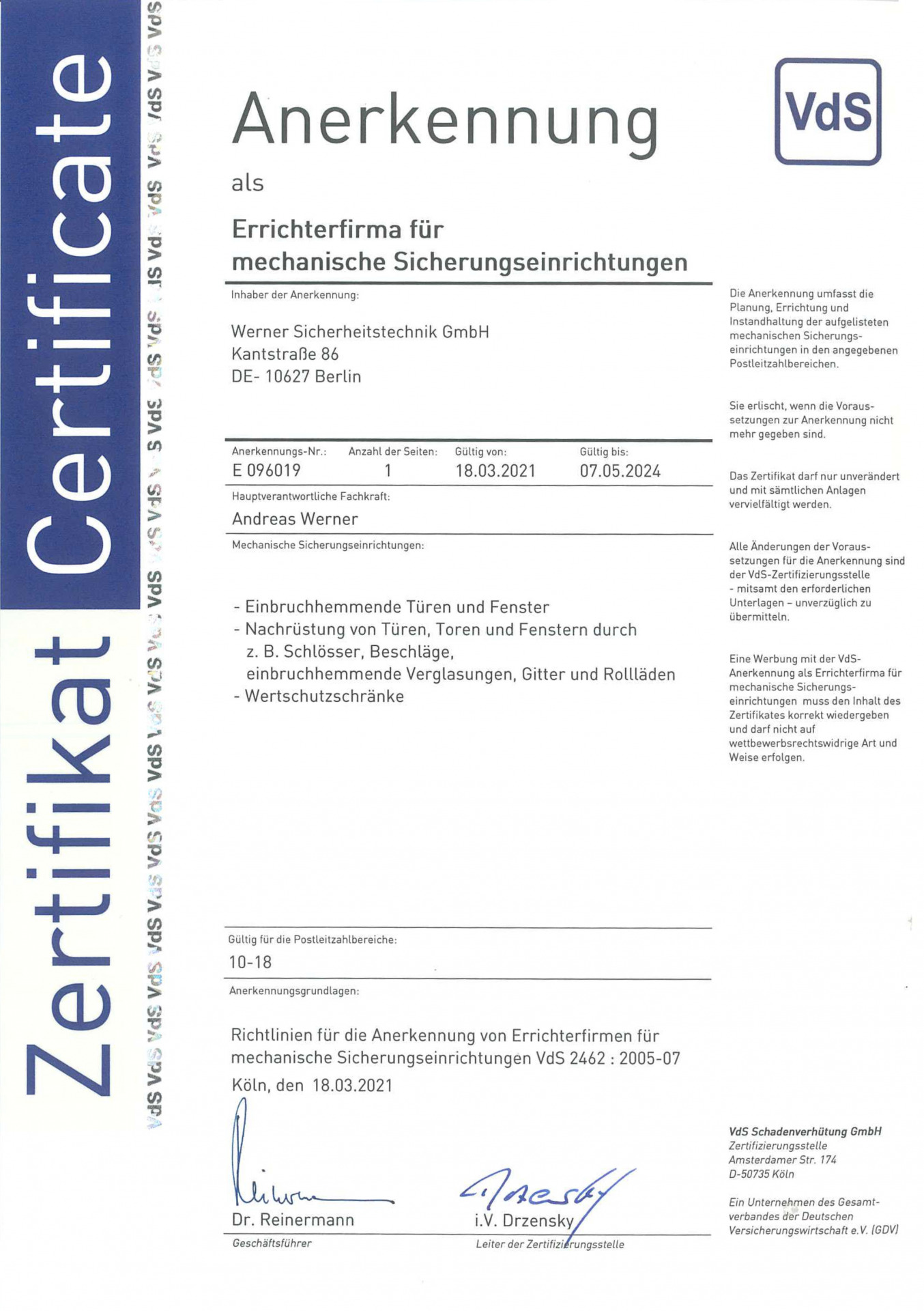 VdS Zertifikat für mechanische Sicherungstechnik